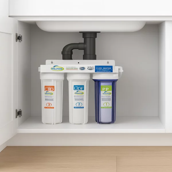 Under-sink Dolphin three-stage water filter system with CTO, UDF, and PP cartridges for clean drinking water.