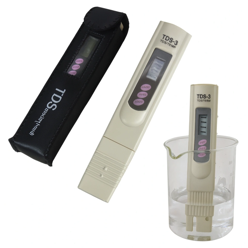 قلم سختی‌سنج و دماسنج دیجیتال آب مدل TDS-3 دلفین، همراه با کاور چرمی و طراحی قابل حمل برای سنجش دقیق کیفیت آب.